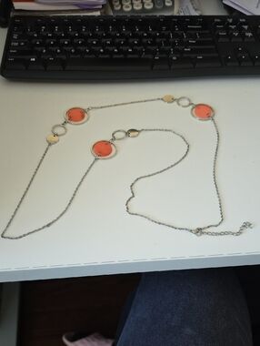 Long Silver-Tone Necklace with Coral Accent Discs